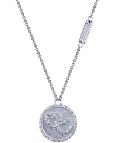 Lafonn Platinum Plated Sterling Silver Micro Pave Simulated Diamond Sentimentals Double Heart Pendant Necklace - White