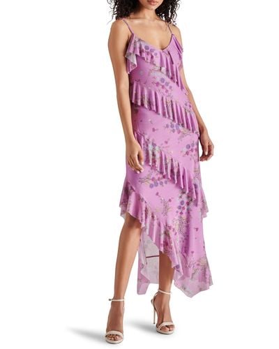 Steve Madden Aida Floral Print Ruffle Sleeveless Asymmetric Midi Dress - Purple