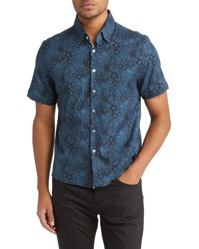 Stone Rose Jungle Print Short Sleeve Button-up Shirt - Blue