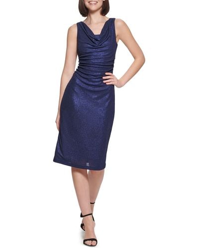 Kensie Shimmer Cowl Neck Sheath Dress - Blue