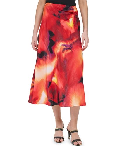 DKNY Ruched Print Satin Maxi Skirt - Red