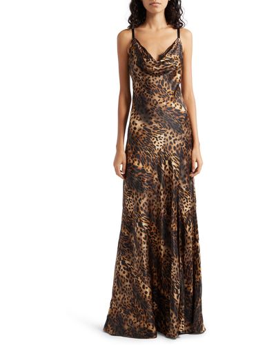 L'Agence Venice Animal Cowl Neck Silk Gown - Brown