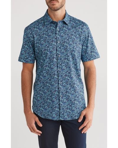 Bugatchi Swirl Print Short Sleeve Stretch Cotton Button-up Shirt - Blue