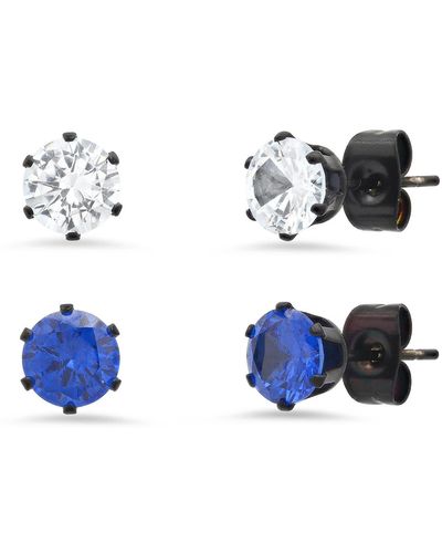 HMY Jewelry Black Ip Stainless Steel Round Simulated Diamond 6mm Stud Earrings Set - Blue