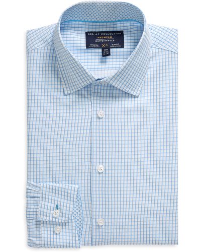 Report Collection Slim Fit Small Box Print 4-way Stretch Long Sleeve Button-up Shirt - Blue
