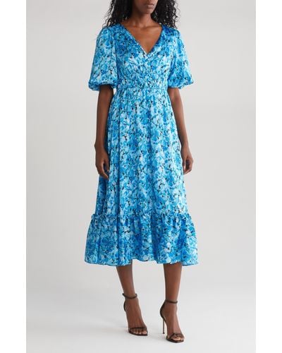 Kensie Floral Puff Sleeve Midi Dress - Blue