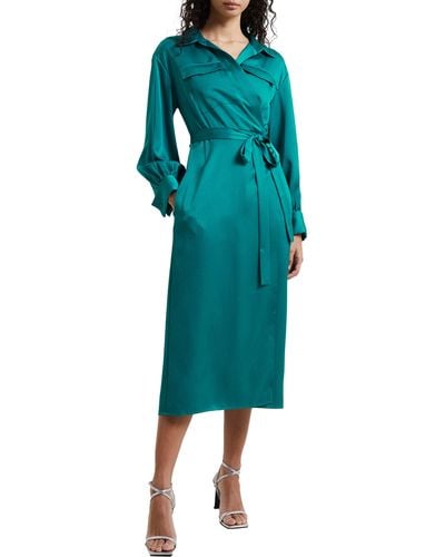 French Connection Harlow Long Sleeve Satin Midi Wrap Dress - Green