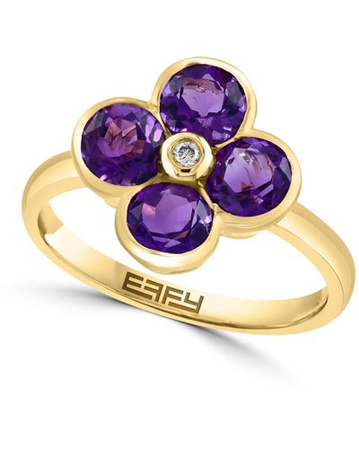 Effy 14k Yellow Gold Floral Amethyst & Diamond Ring - Blue