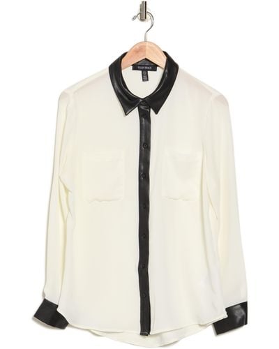 Ellen Tracy Faux Leather Trim Button-up Shirt In Marshmallow At Nordstrom Rack - White