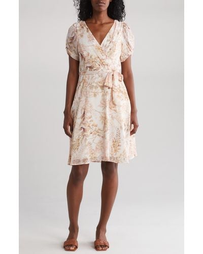 Connected Apparel Floral Tie Waist Chiffon Dress - Natural