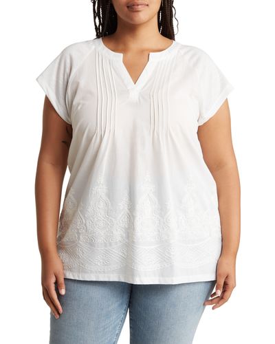 Forgotten Grace Pleated Embroidered Cotton Tunic Top - White