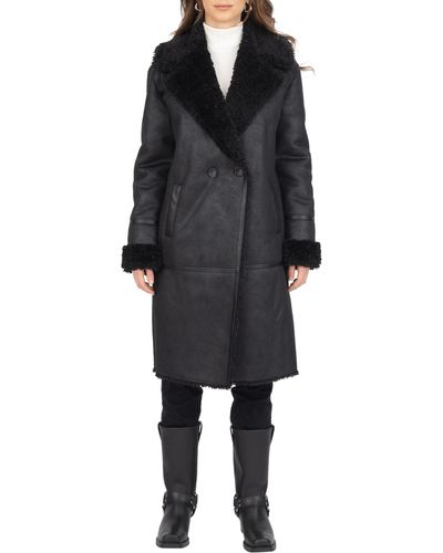Frye Faux Shearling Double Breasted Trench Coat - Black
