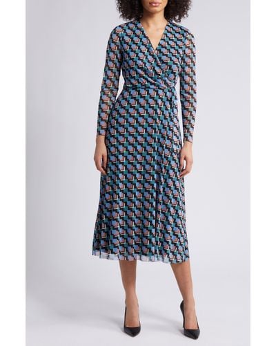 Anne Klein Geo Print Long Sleeve Faux Wrap Midi Dress - Blue