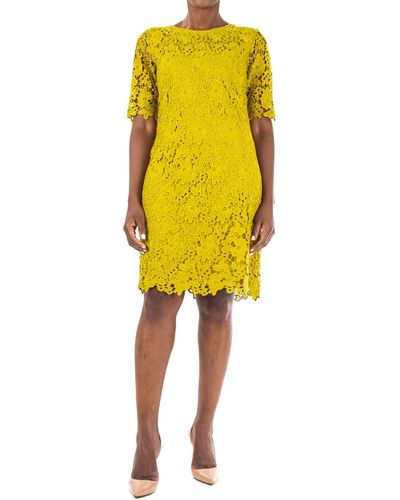Nina Leonard Jewel Neck Lace Dress - Yellow
