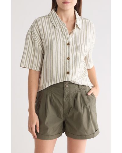 Sanctuary Camp Stripe Short Sleeve Linen Blend Shirt - Green