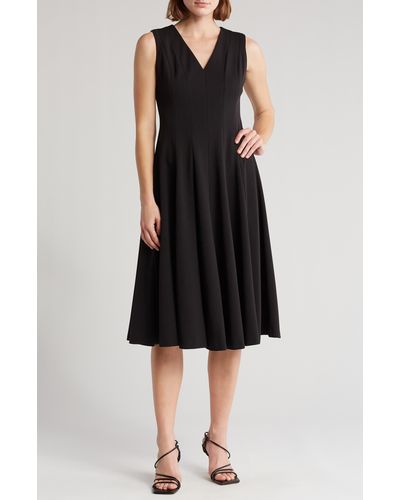 Calvin Klein V-neck Seamed Fit & Flare Midi Dress - Black