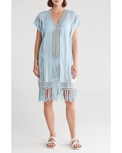 Boho Me Crochet Fringe Short Dress - Blue