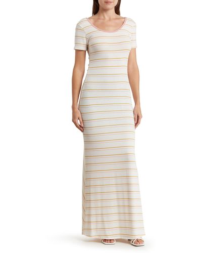 Go Couture Stripe Short Sleeve Rib Maxi Dress - Natural