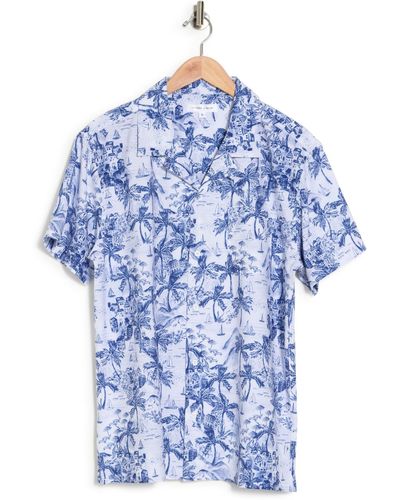 Vintage Summer Ponji Tropical Print Short Sleeve Button-up Shirt - Blue