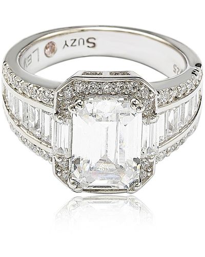 Suzy Levian Sterling Silver Emerald-cut & Round-cut Cubic Zirconia Engagement Ring - Gray