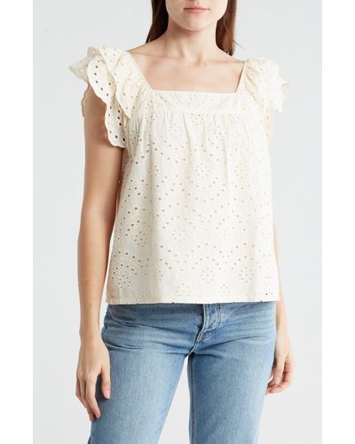 Sanctuary Solana Embroidered Eyelet Flutter Sleeve Top - White