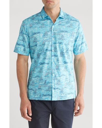 Tori Richard Fish N Sea Print Cotton Short Sleeve Button-up Shirt - Blue
