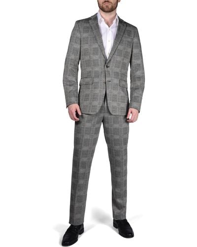 Original Penguin Oman Trim Fit Glen Plaid Knit Suit - Gray