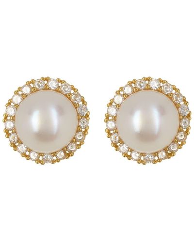 Adornia 14k Yellow Gold Plated Cz 5mm Freshwater Pearl Halo Earrings - White