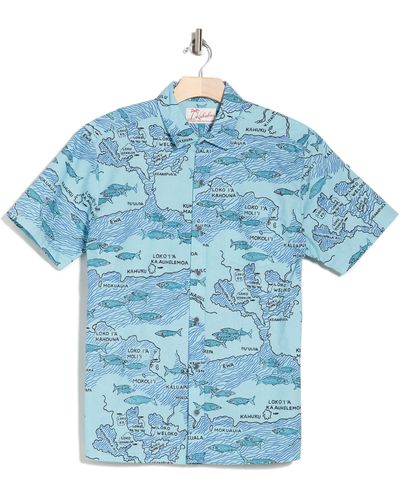 Kahala Loko Print Cotton Short Sleeve Button-up Shirt - Blue