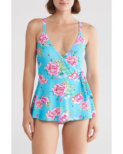Betsey Johnson Faux Wrap Skirted One-piece Swimsuit - Blue