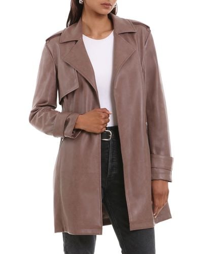 Bagatelle Open Front Faux Leather Trench Coat - Brown