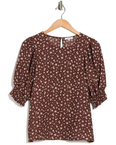 Pleione Crew Neck Short Sleeved Blouse In Brown Ditsy At Nordstrom Rack