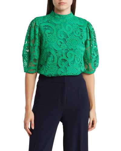 Nanette Lepore Mock Neck Puff Sleeve Lace Top - Green