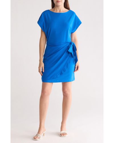 DKNY Side Tie Short Sleeve Stretch Cotton Minidress - Blue