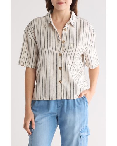 Sanctuary Camp Stripe Short Sleeve Linen Blend Shirt - White
