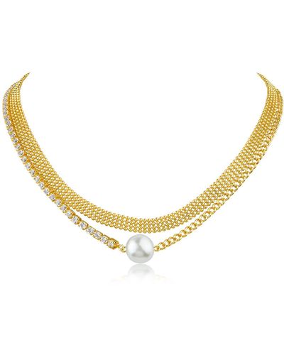 CZ by Kenneth Jay Lane Faux Pearl & Cz Curb Chain Necklace - Metallic