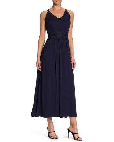 Nina Leonard Sleeveless Lace Trim Maxi Dress - Blue