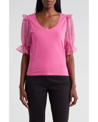French Connection Rosana Organza Puff Sleeve T-shirt - Pink