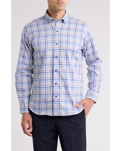 David Donahue Plaid Cotton Button-up Shirt - Blue