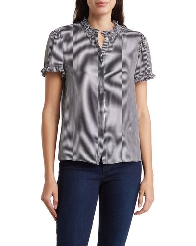 T Tahari Airflow Ruffle Neck Short Sleeve Top - Blue