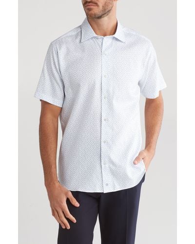 David Donahue Print Cotton Short Sleeve Button-up Shirt - White