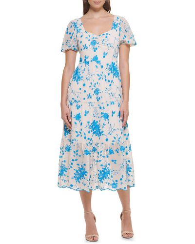 Kensie Floral Embroidered Puff Sleeve Chiffon Midi Dress - Blue