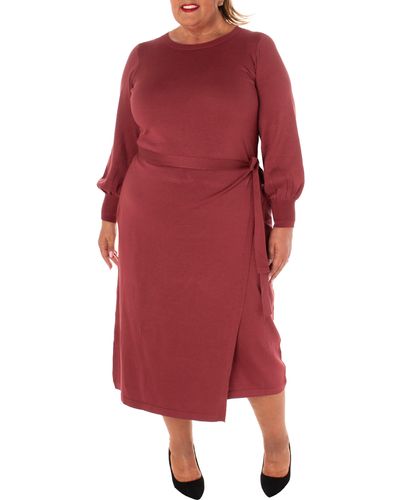 Taylor Dresses Long Sleeve Mock Wrap Skirt Midi Dress - Red