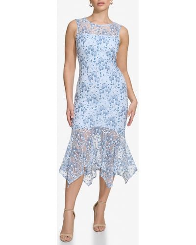 Kensie Floral Lace Handkerchief Hem Dress - Blue