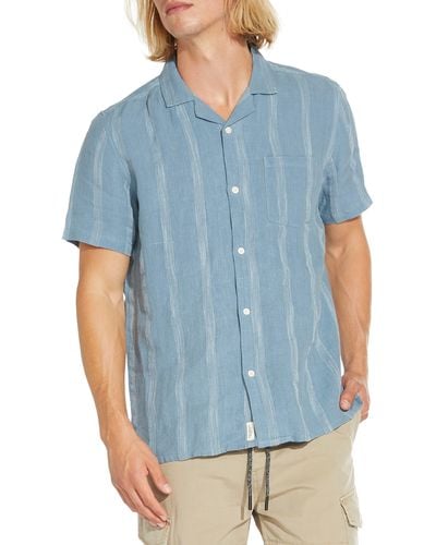 Civil Society Tonal Texture Short Sleeve Linen & Cotton Blend Button-up Shirt - Blue