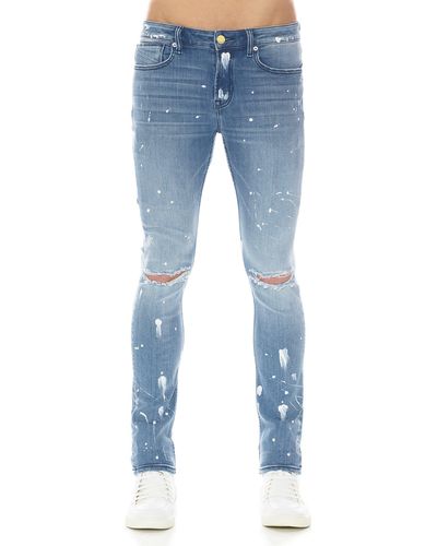 HVMAN Strat Bleach Splatter Ripped Super Skinny Jeans - Blue