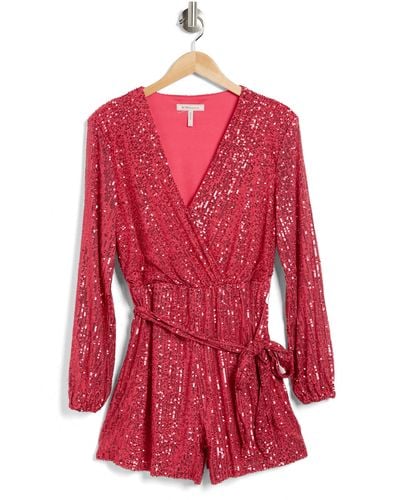 BCBGeneration Long Sleeve Sequin Faux Wrap Romper - Red