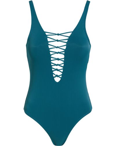 Nicole Miller Rib Lace-up One-piece Swimsuit - Blue