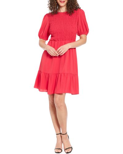 London Times Smocked Puff Sleeve Dress - Red