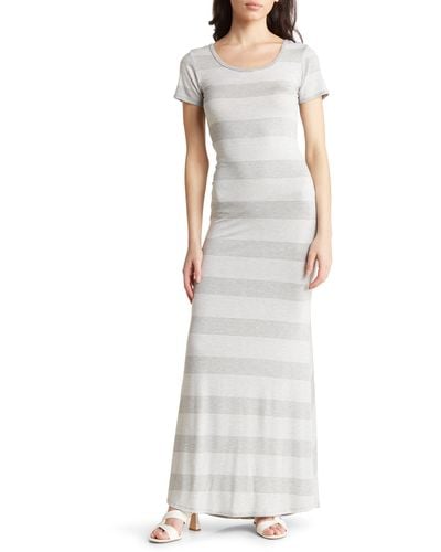Go Couture Stripe Short Sleeve Rib Maxi Dress - White